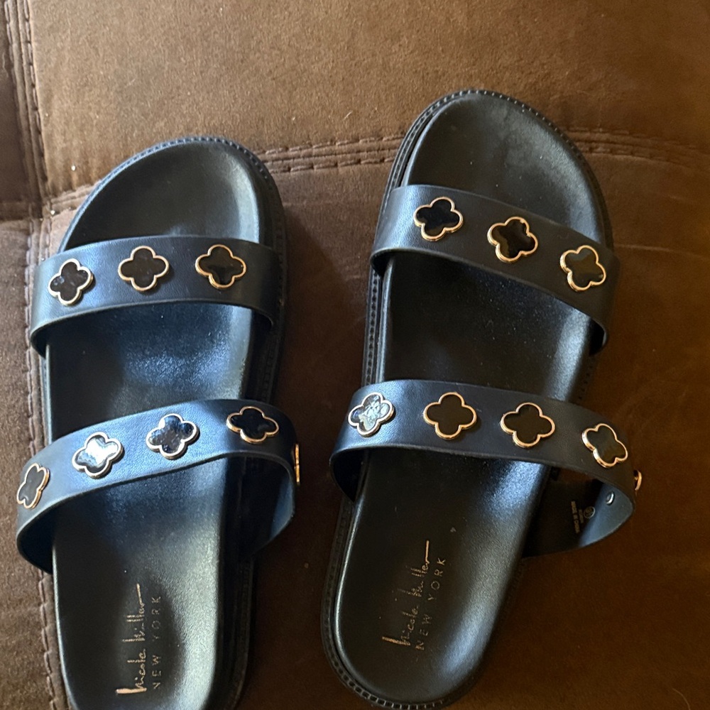 Nicole Miller Black Slide Sandals with Gold Clover Accents
